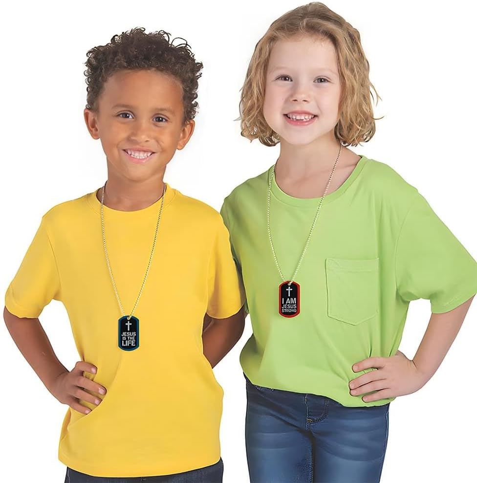 Fun Express bulk twelve piece religious dog tag jewelry package perfect for Sunday school giveaways