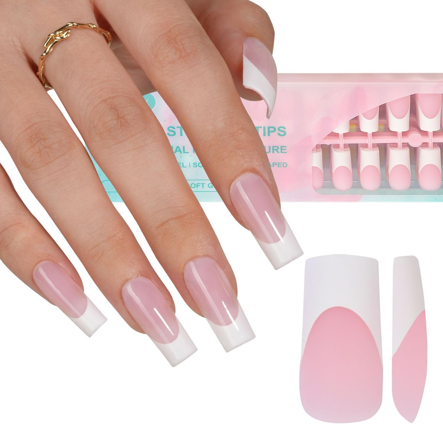 Misssix French gel nail tips 240pcs set showing pink long square French tip extensions
