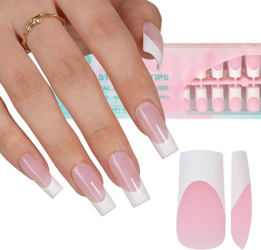 Misssix French gel nail tips 240pcs set showing pink long square French tip extensions