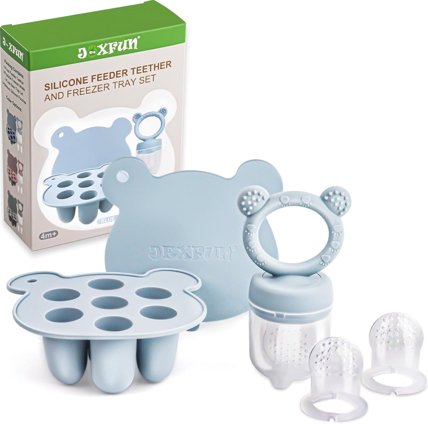 Jexfun silicone baby fruit feeder front view with freezer tray