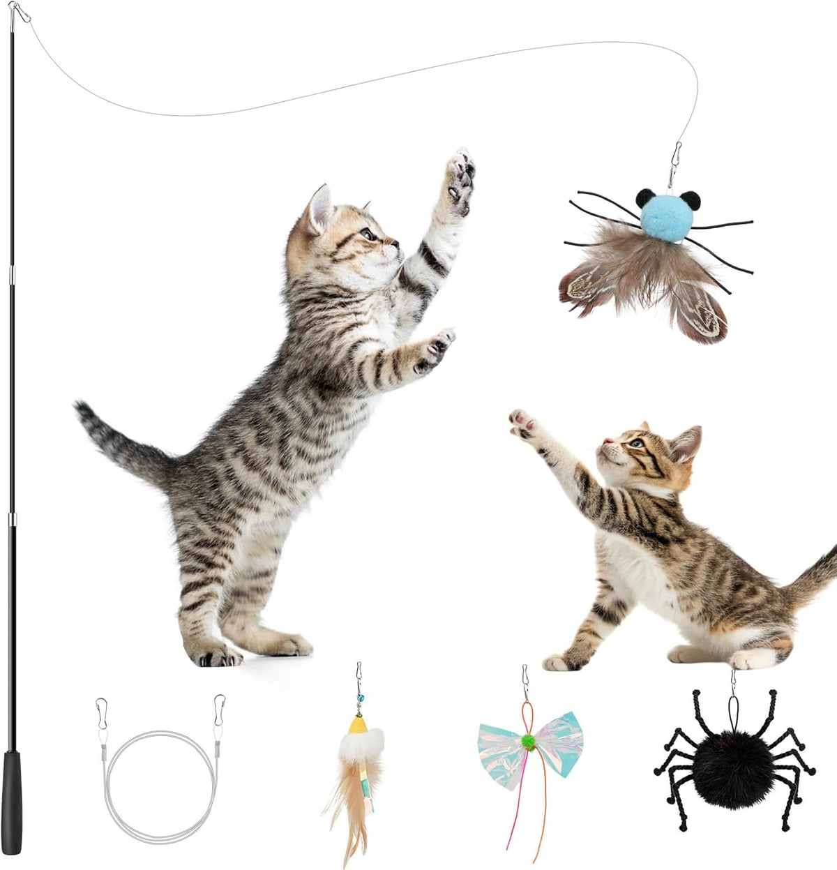 VavoPaw 4-in-1 Interactive Cat Toy Wand front view displaying the extended telescopic pole and colorful feather attachment.