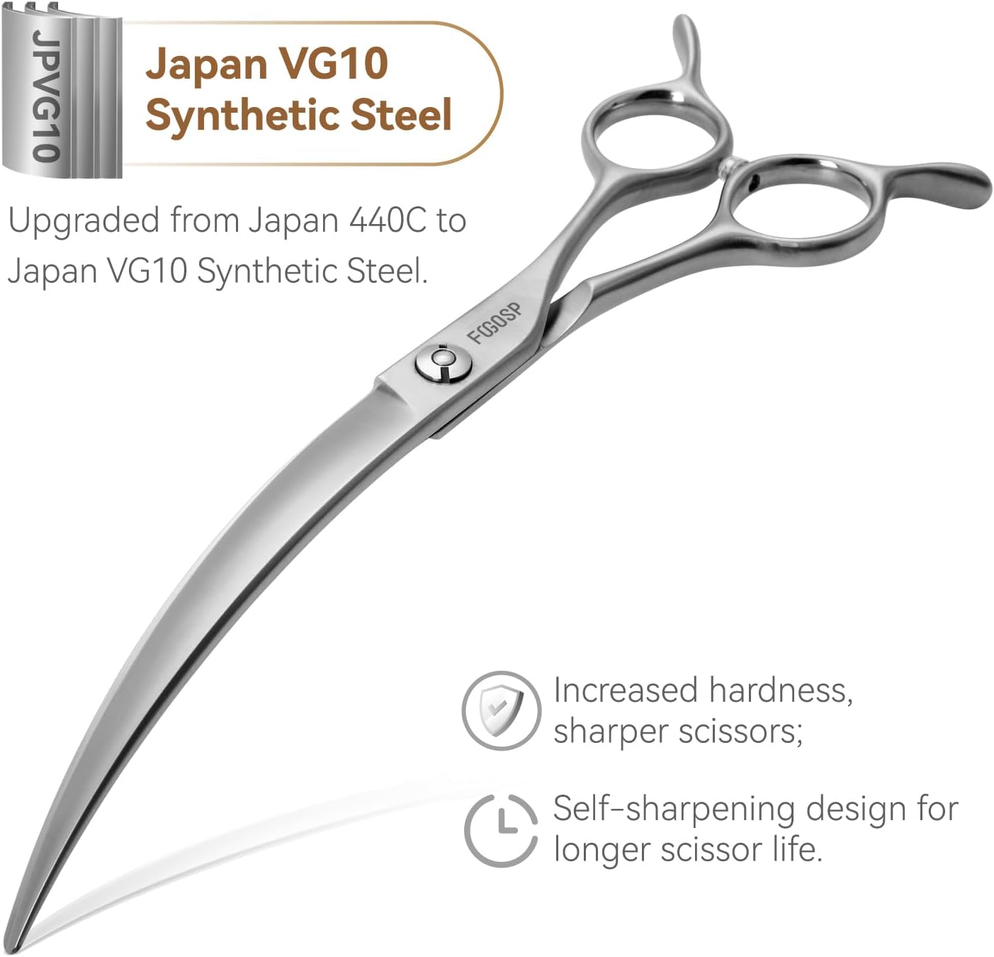 Right handed matte finish dog grooming scissors close up on the ergonomic handles.