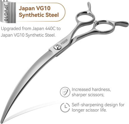 Right handed matte finish dog grooming scissors close up on the ergonomic handles.