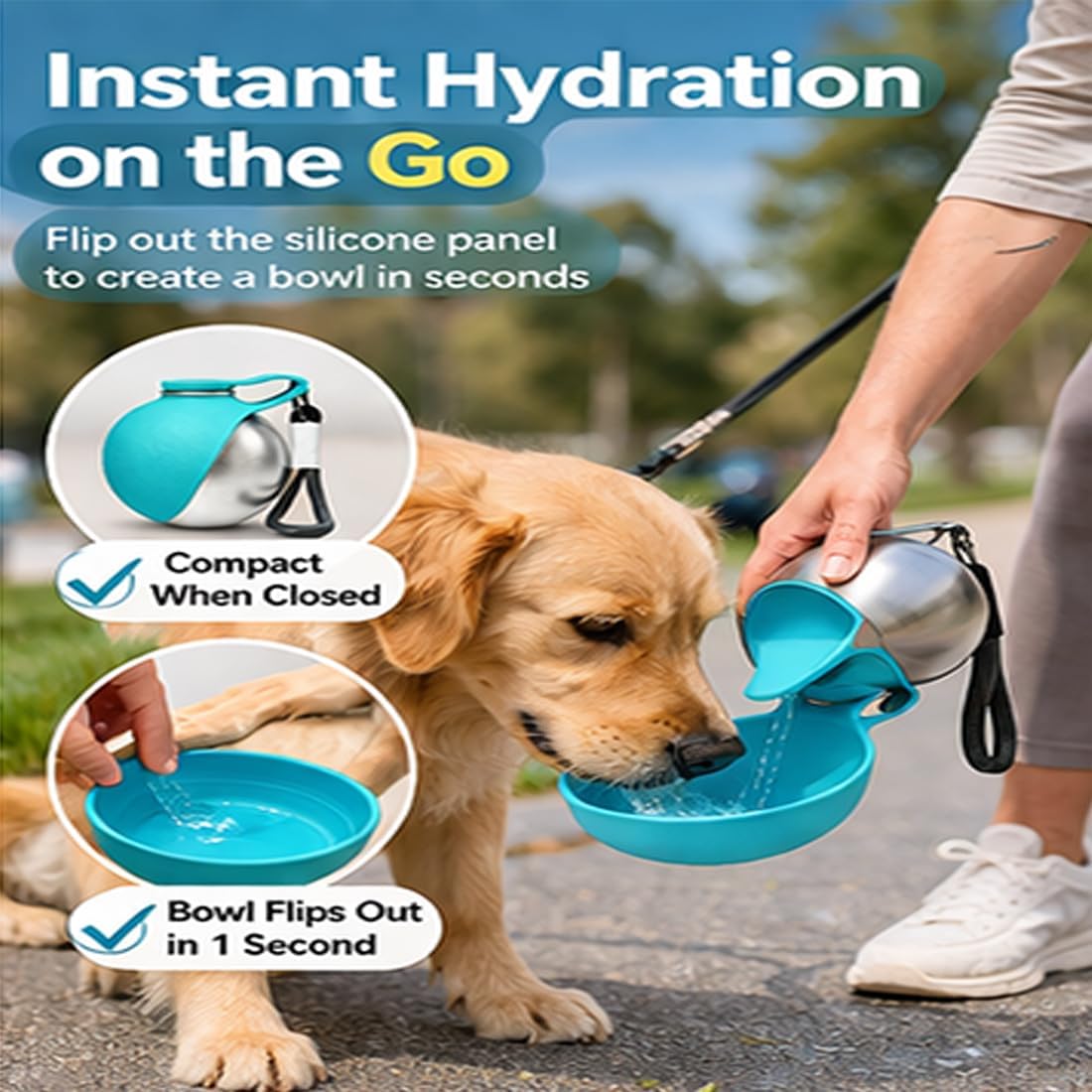 Cxyrna portable pet dispenser with silicone bowl flipped open for drinking