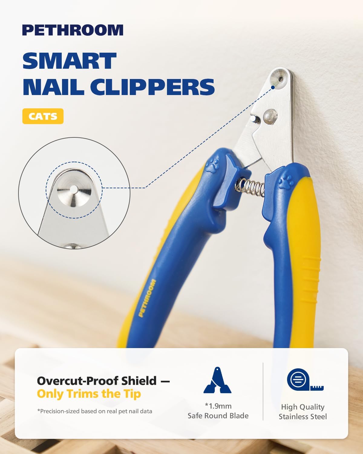 PETHROOM pet claw trimmer featuring the two millimeter circular cut hole guide