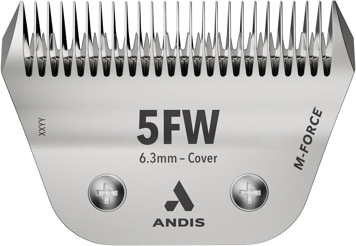 Angled top perspective of the Andis UltraEdge M-Force wide pet clipper blade showing the coarse tooth alignment.