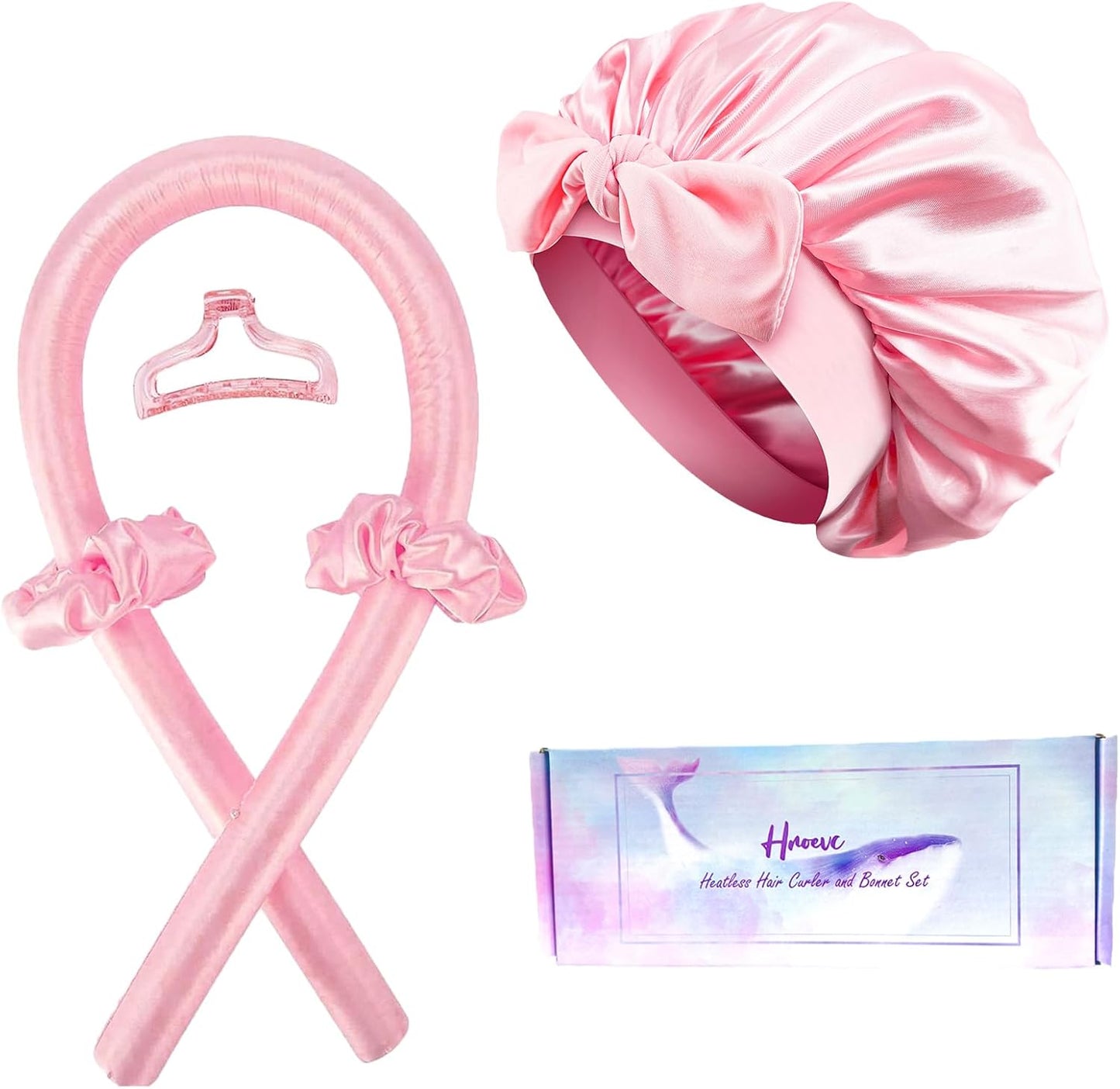 Nrkin heatless overnight curls set front view showing pink satin curling rod and double layer bonnet