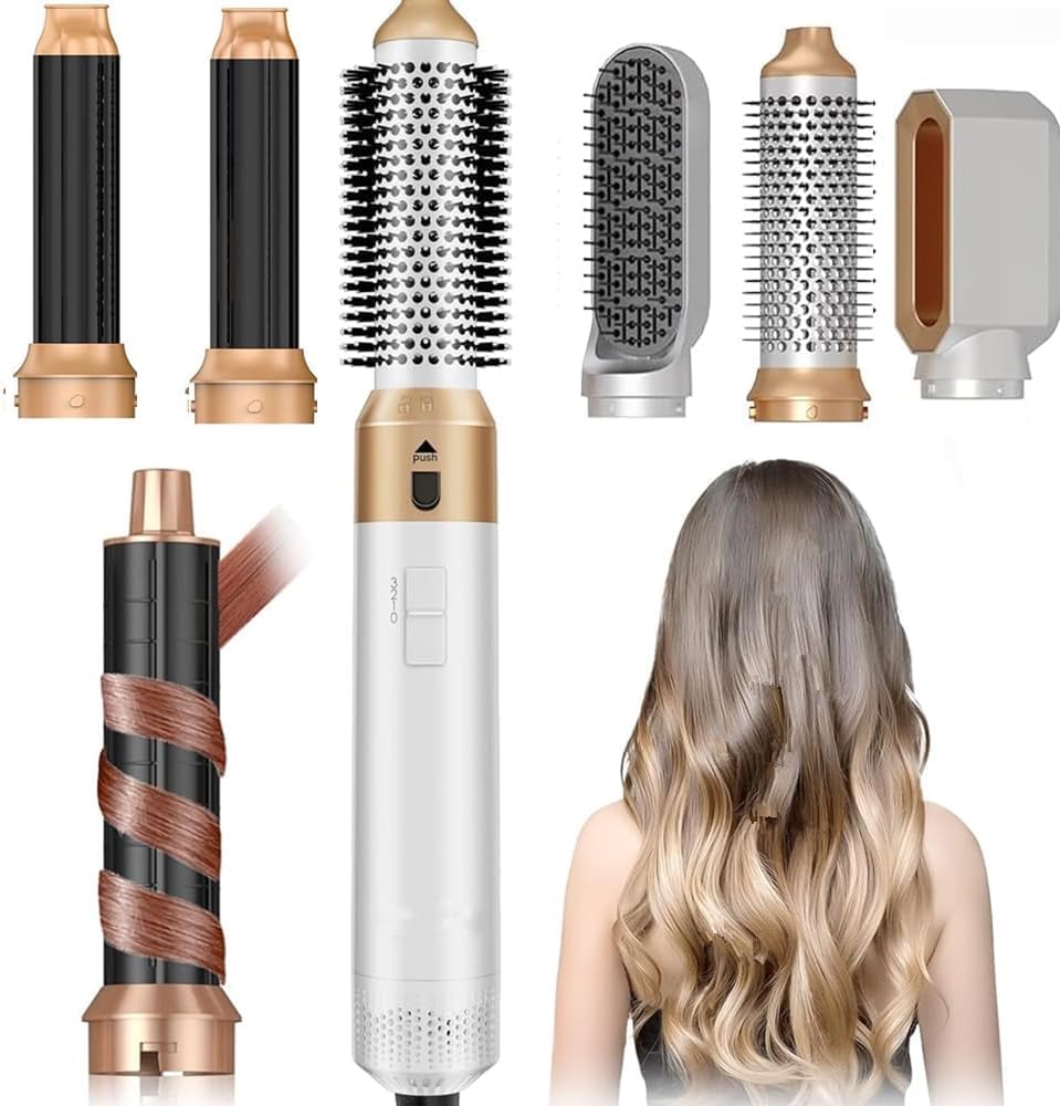 Roll With Us Depot 5 in 1 hair dryer brush set front view showing the main styling wand and five interchangeable magnetic attachments.