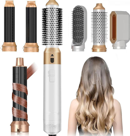 Roll With Us Depot 5 in 1 hair dryer brush set front view showing the main styling wand and five interchangeable magnetic attachments.