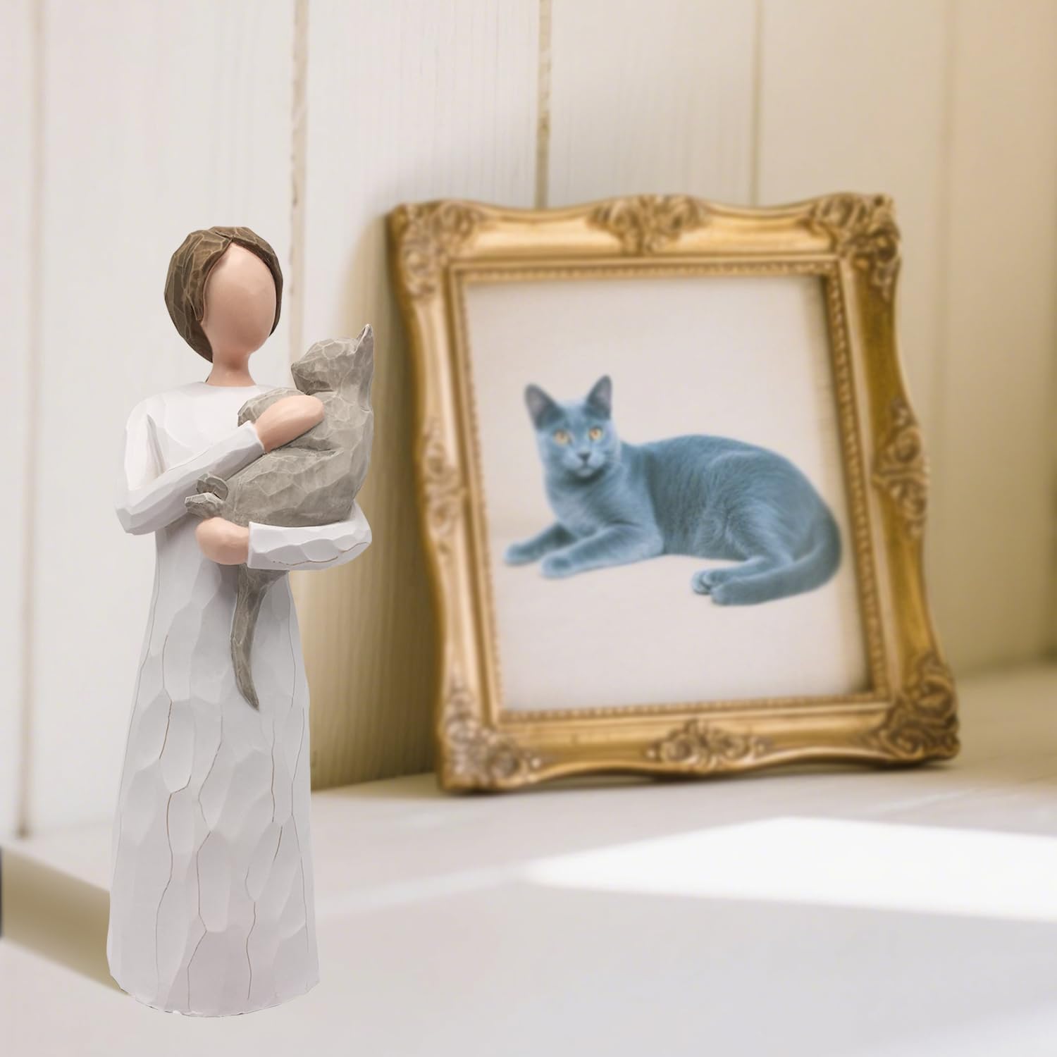 FRUMOASA pet cat remembrance keepsake hand painted figurine detailing wood carved dress