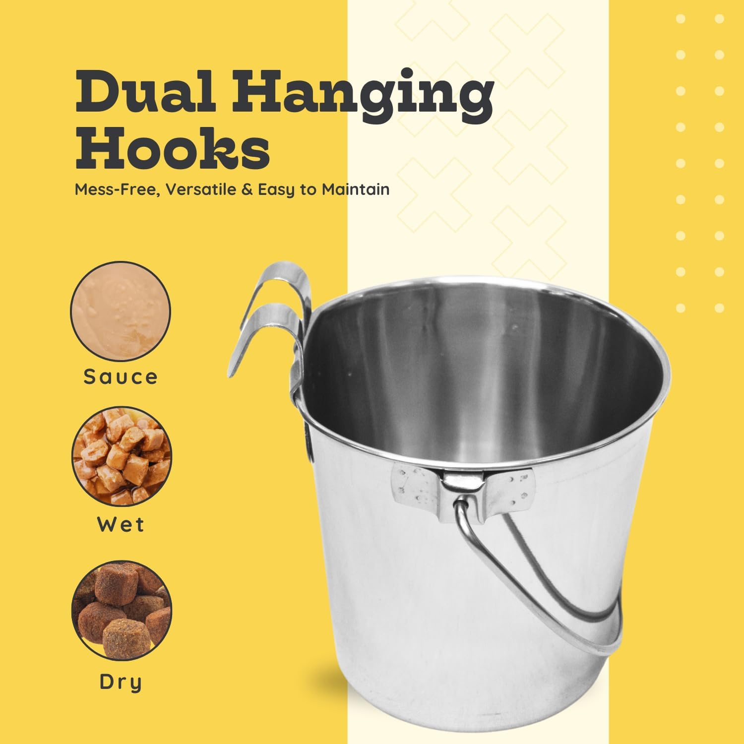 Stainless steel pet feeding pail in outdoor kennel setting