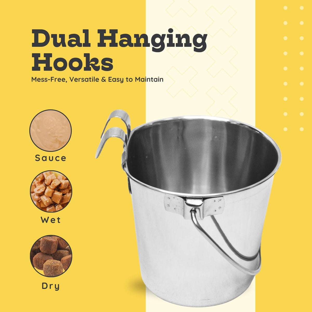 Stainless steel pet feeding pail in outdoor kennel setting