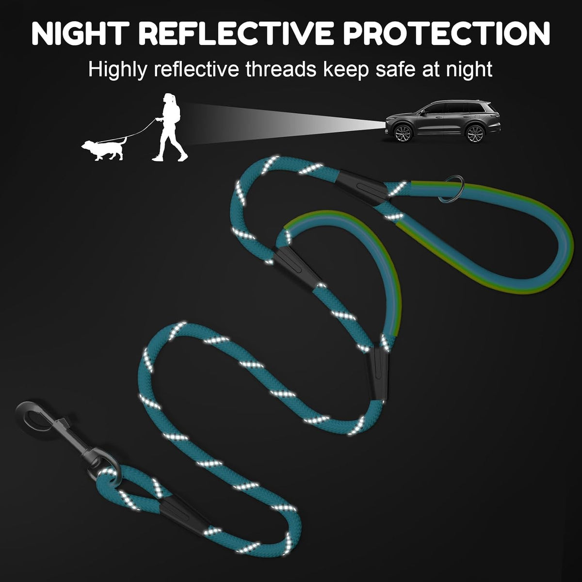Dog Leash Heavy Duty 4/5/6ft XiaZ 2 Handles Dog Leashes for Medium Large Dogs 1/2 Inch 1000lb Strength Reflective PVC Waterproof-Handles Metal Hook Dual-Handle Rope Leash Nighttime Safety - Image 3