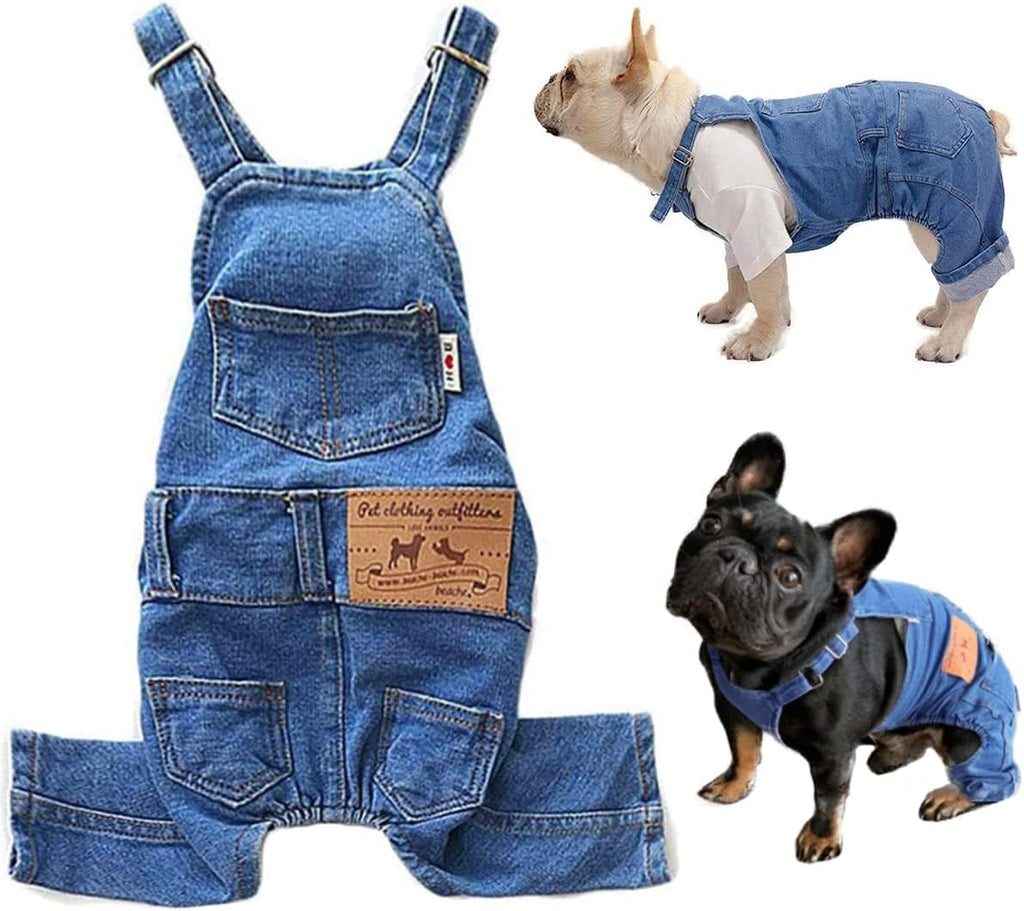 Tealots small medium dog denim clothes side profile view on a cat.