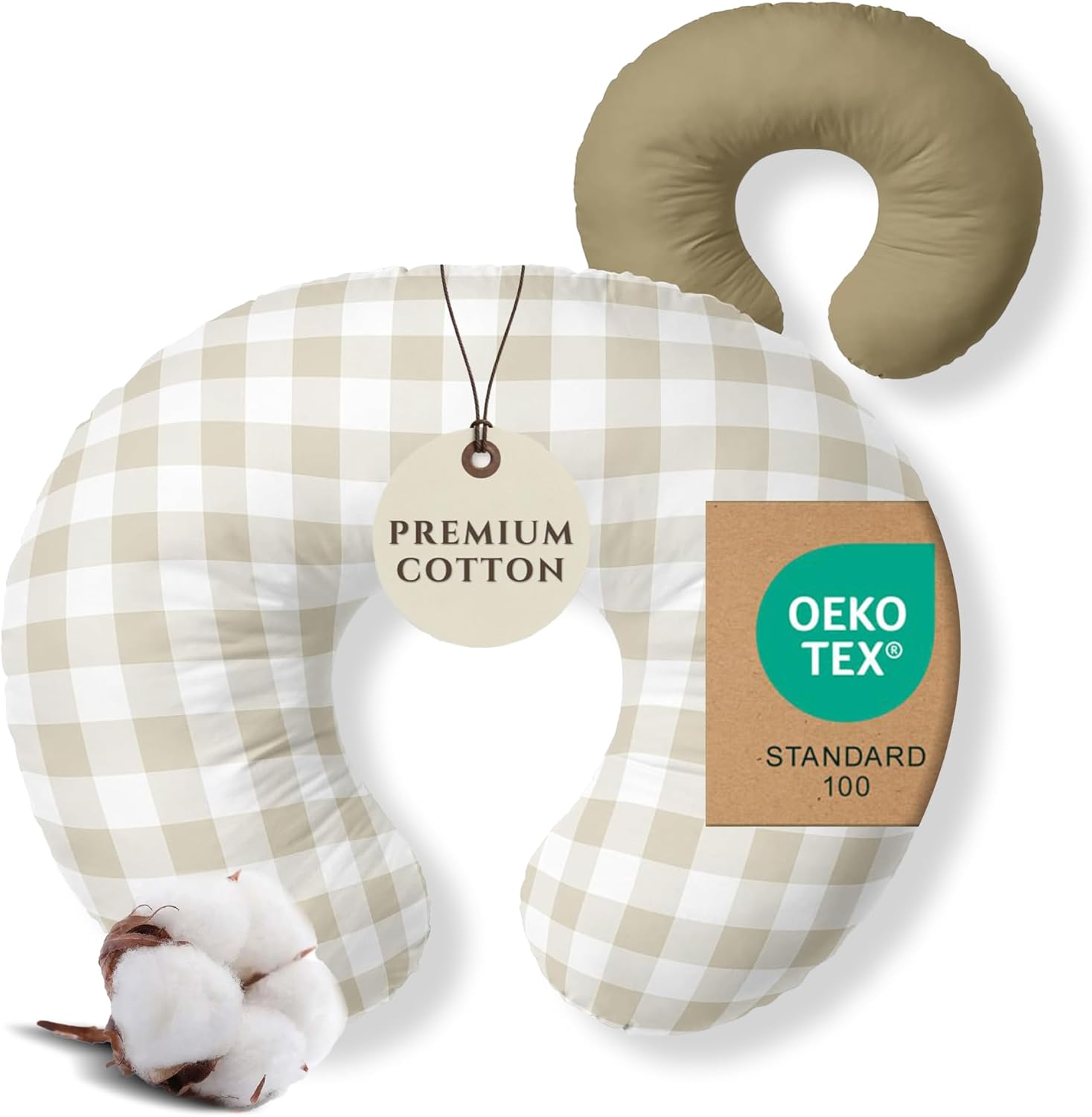 Pobibaby premium nursing pillow cover in Gingham Khaki front view