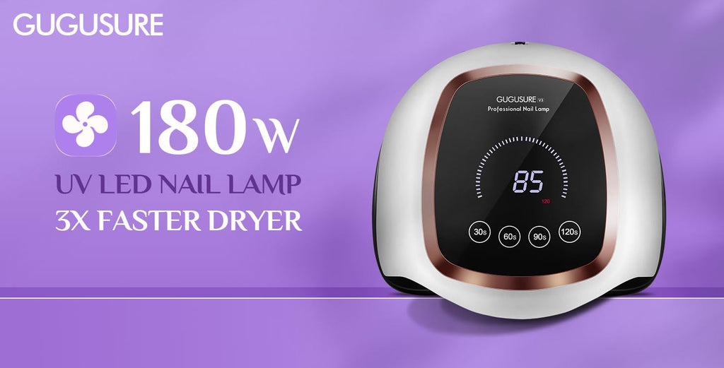 Gugusure 180 Watt gel nail polish lamp plugged in and illuminated