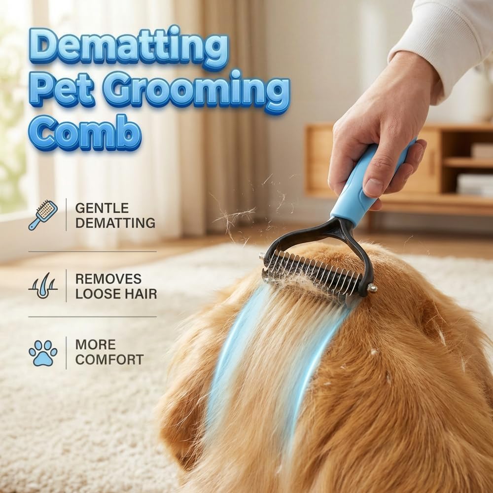 Blue large deshedding brush for dogs and cats removing matted fur