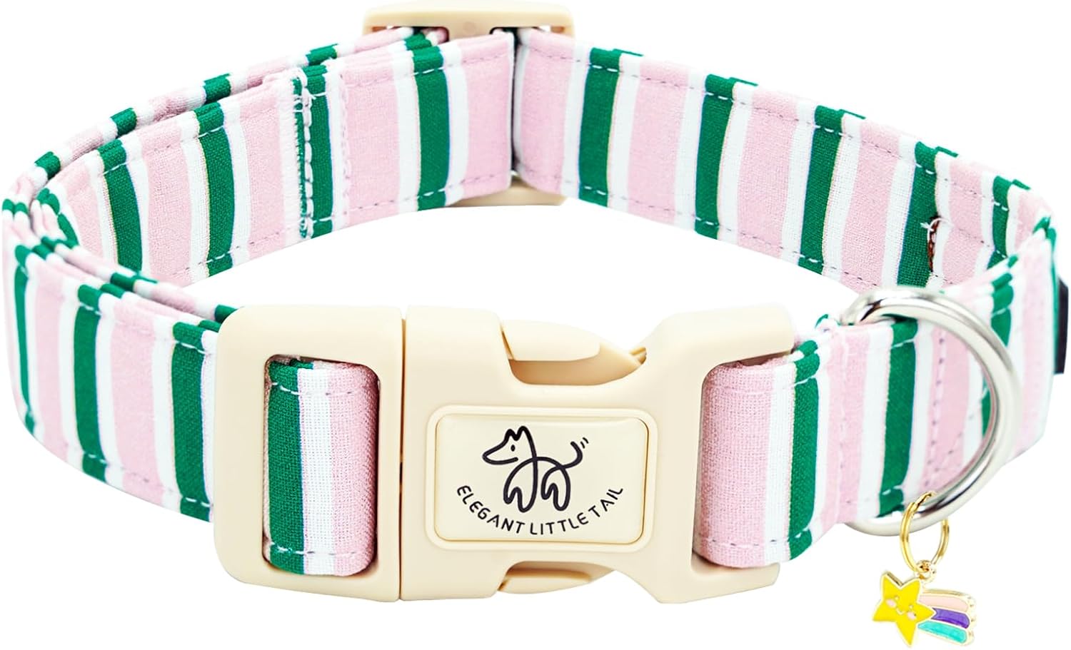 Elegant Little Tail pink and green striped dog collar front view