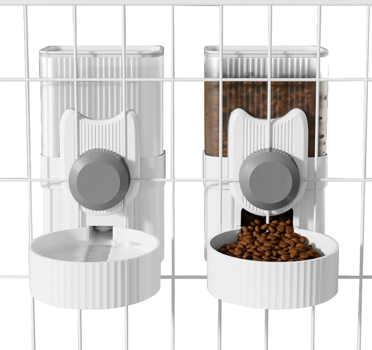 Yummy Sam Hanging Cage Automatic Small Pet Food Bowl and Water Bottle Dispenser front view showing the grey knobs attached to a wire crate.