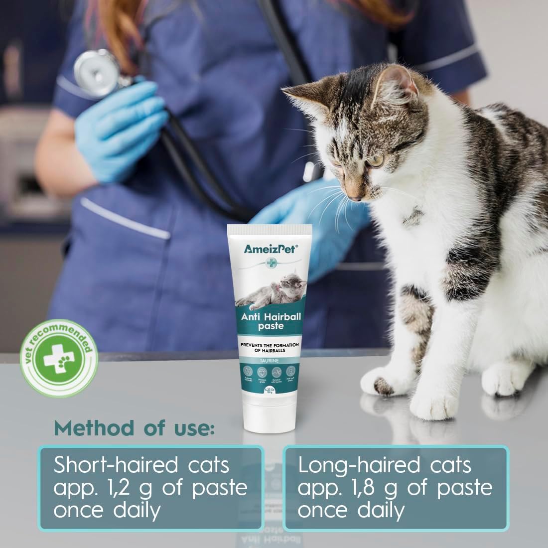 Back label of the AmeizPet cat fur ball remedy showing ingredients and daily directions.