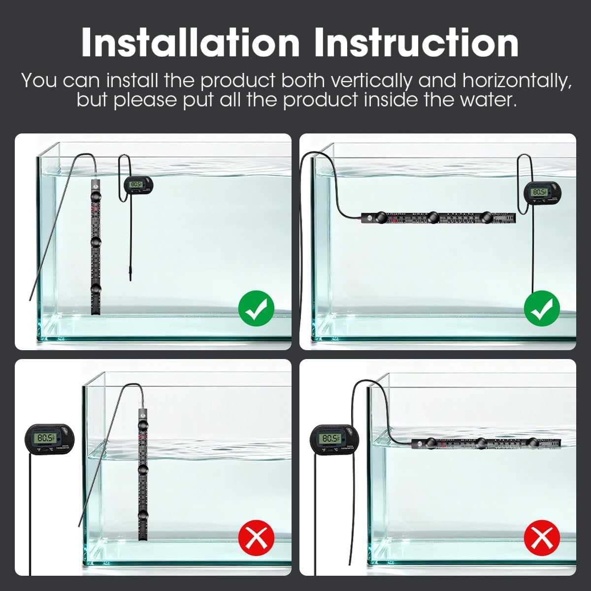 MQ aquarium heater inside a glass fish tank setup