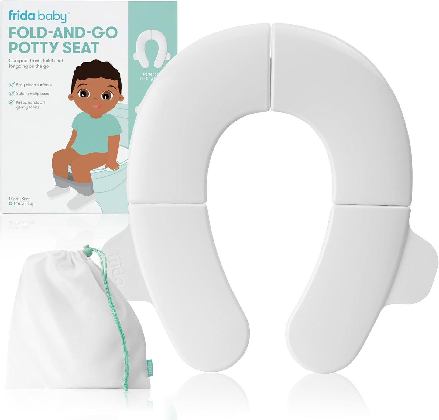 Frida Baby Fold-and-Go Portable Potty Seat for Toilet, Foldable Travel Potty Seat for Toddler, Fits Round & Oval Toilets, Non-Slip Base, Handles, Includes Free Travel Bag - Image 1