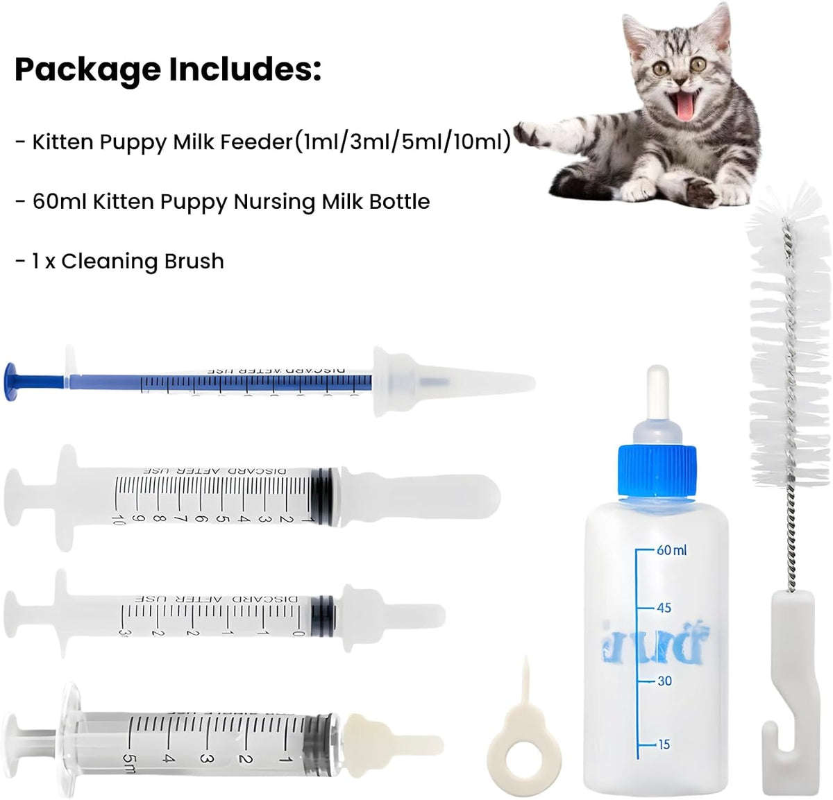 SLWHYZL pet nursing kit displaying graduated one milliliter to ten milliliter syringes for precise medicine and formula delivery.