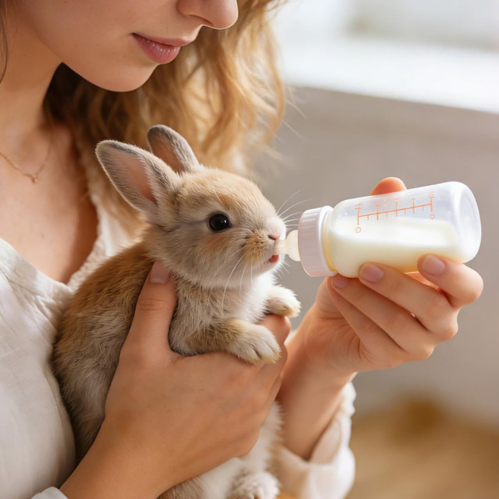 Gatuida small animal replacement pacifiers demonstrated on a compatible nursing bottle for puppy feeding.