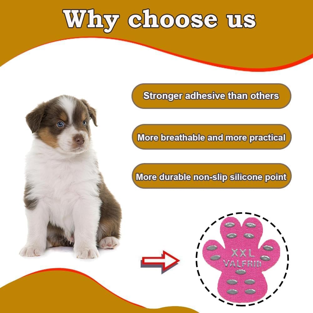 Instructions showing how to apply Valfrid paw protectors to dog feet
