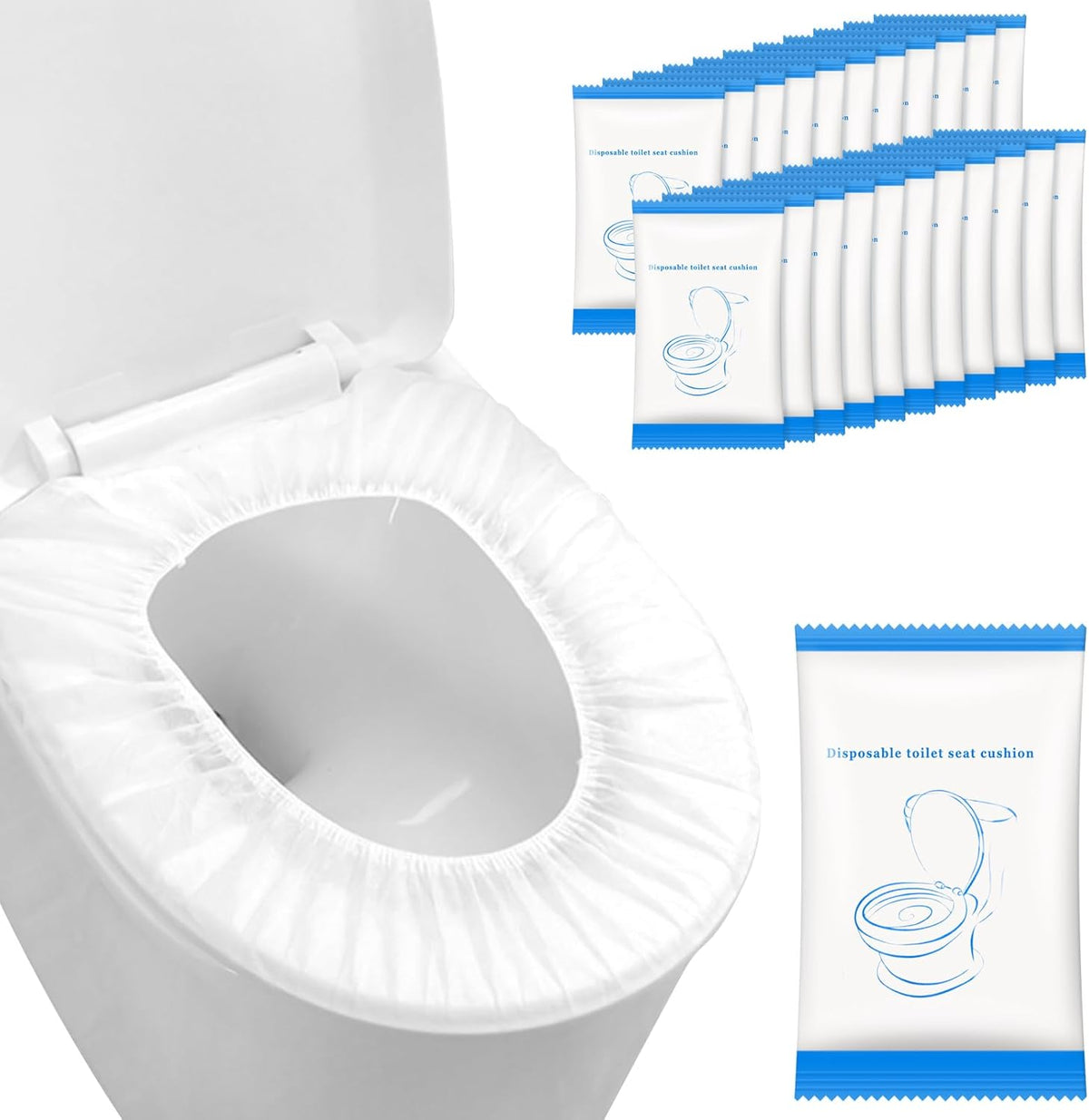 Zeckzoin disposable toilet seat covers 50 pack front view highlighting individual travel packaging.