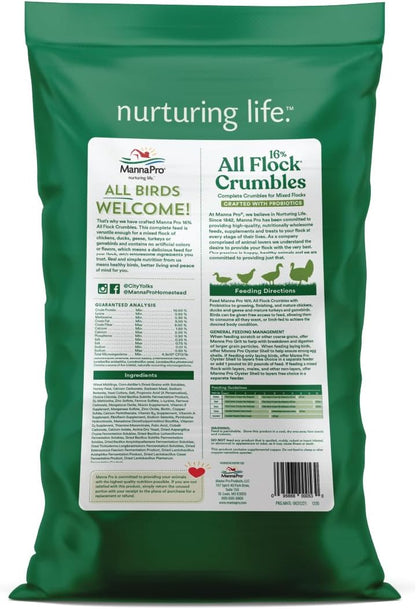 Manna Pro poultry feed bag showing 16 percent protein label