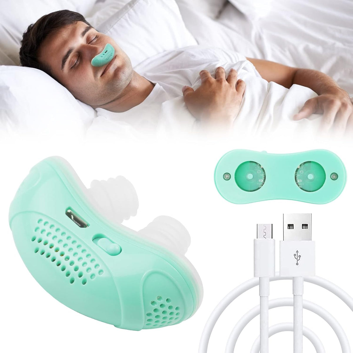 FAFAAWFF Electric Anti Snoring Device front view showing mint green casing and silicone plugs.