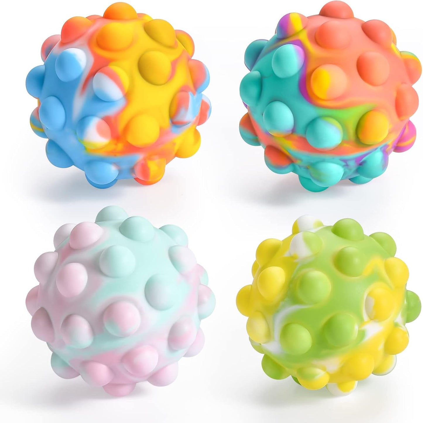 Peboms Pop It Stress Ball front view showcasing rainbow and blue swirl colors