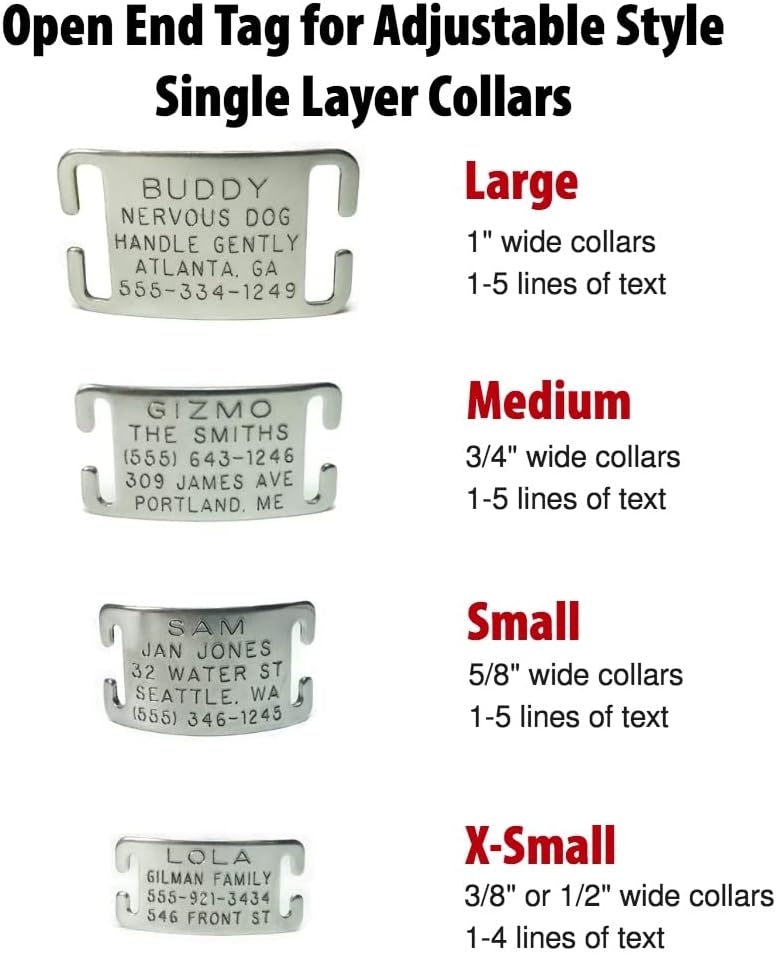 No jingle premium metal dog tag attached to a collar.