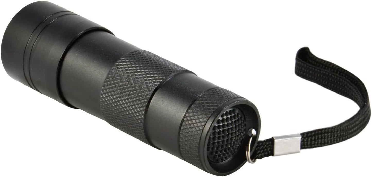 Durable aluminum alloy blacklight flashlight with attached wrist strap on a plain background.