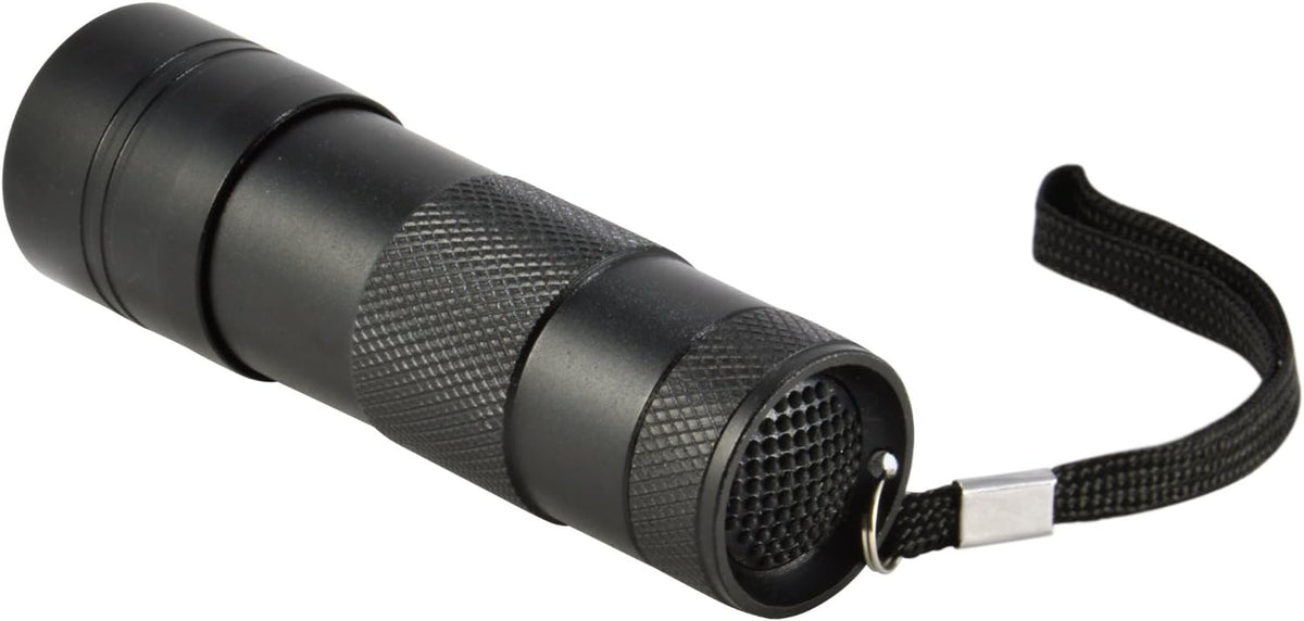 Durable aluminum alloy blacklight flashlight with attached wrist strap on a plain background.