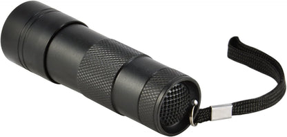 Durable aluminum alloy blacklight flashlight with attached wrist strap on a plain background.