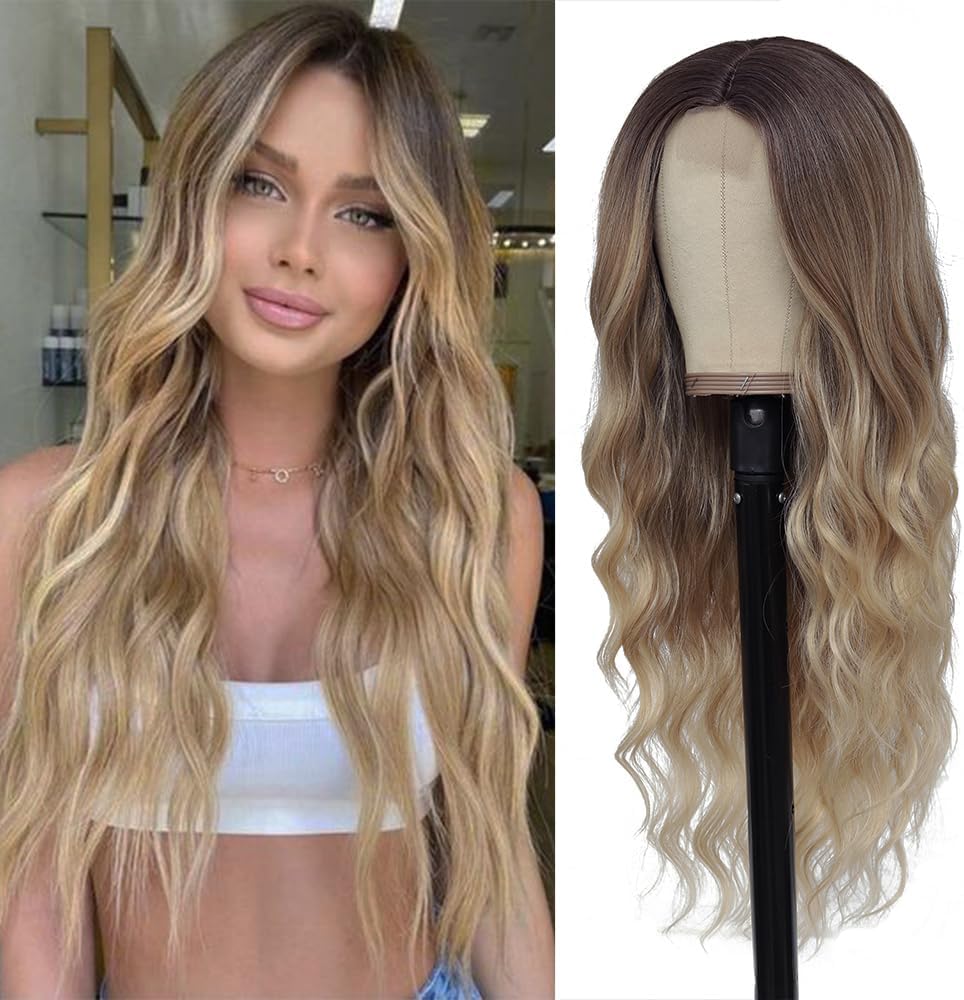 HMHIFI long ombre blonde wavy wig front view natural looking synthetic hairpiece