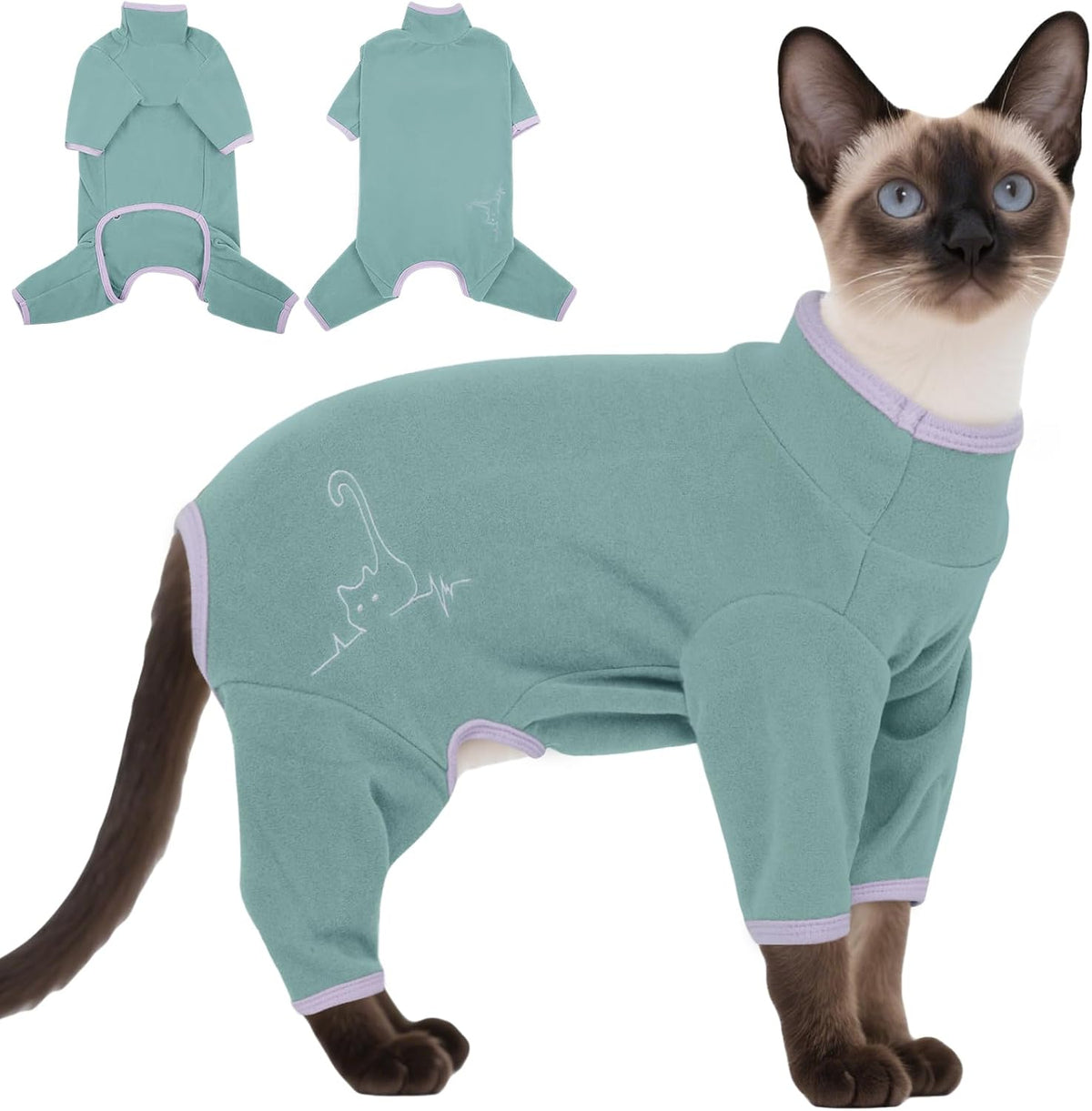 Dentrun cat surgical recovery suit in bean green color front view