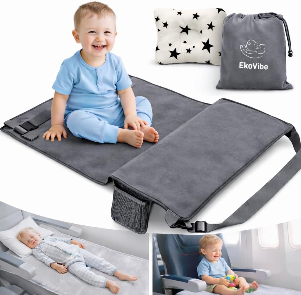 EkoVibe toddler airplane bed front view showing the grey plush fabric travel seat extender installed on an airplane seat.