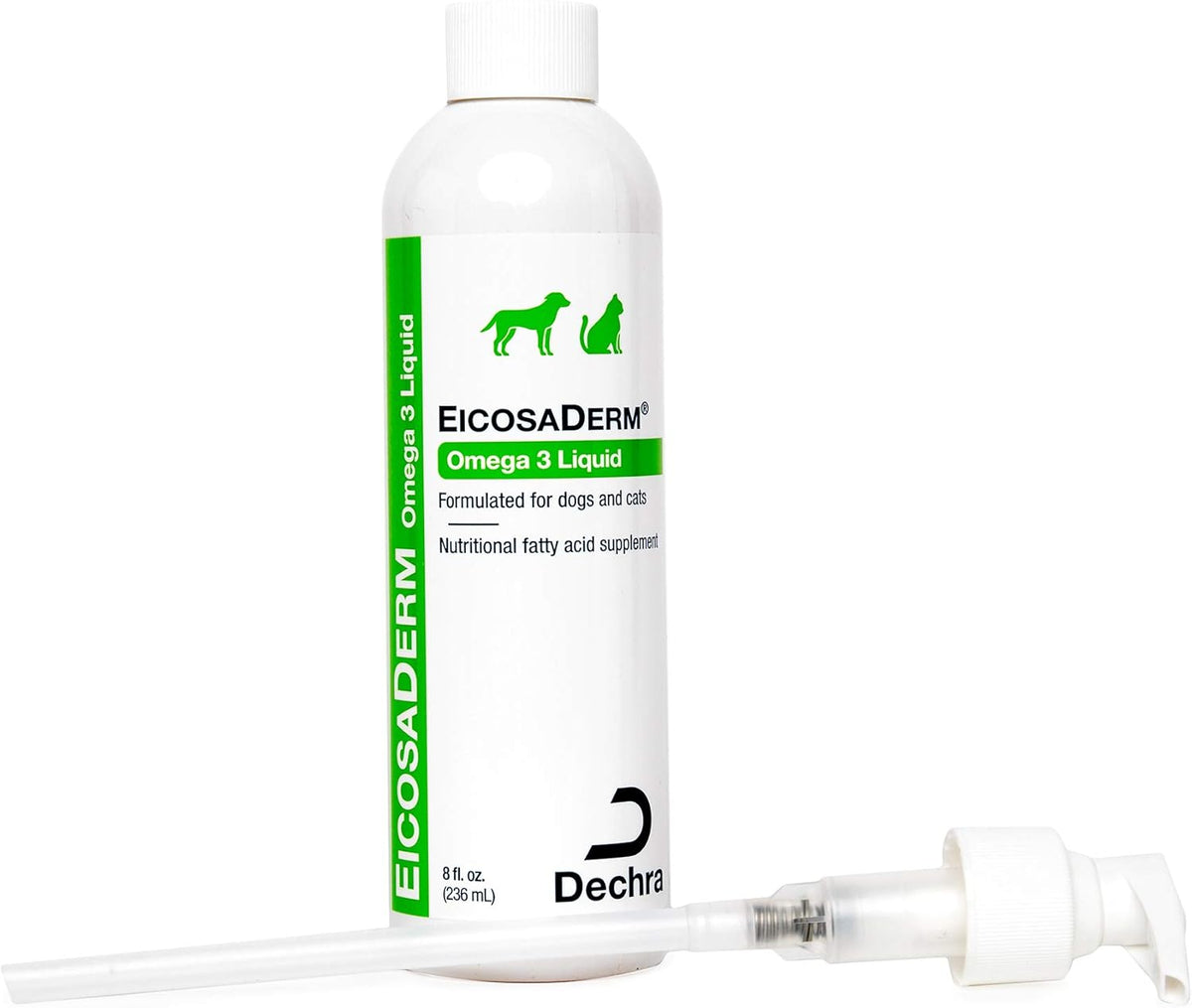 Dechra EicosaDerm cold-water fish oil showing packaging details and active ingredients