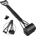 Upsky 32 inch dog pooper scooper front view displaying the extended long handle and closed jaw