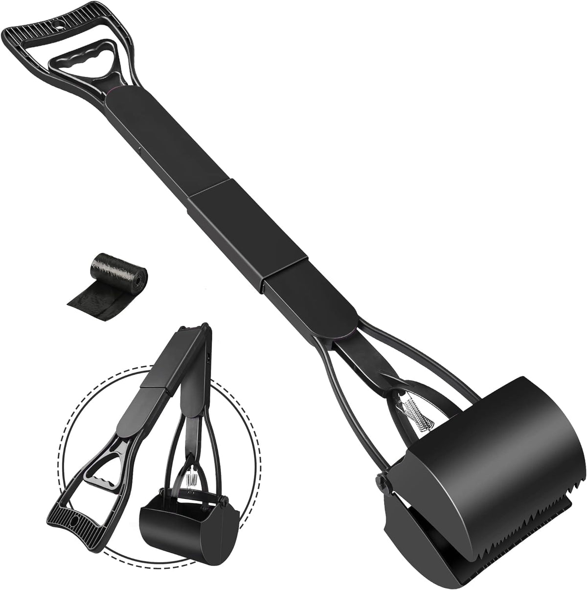 Upsky 32 inch dog pooper scooper front view displaying the extended long handle and closed jaw