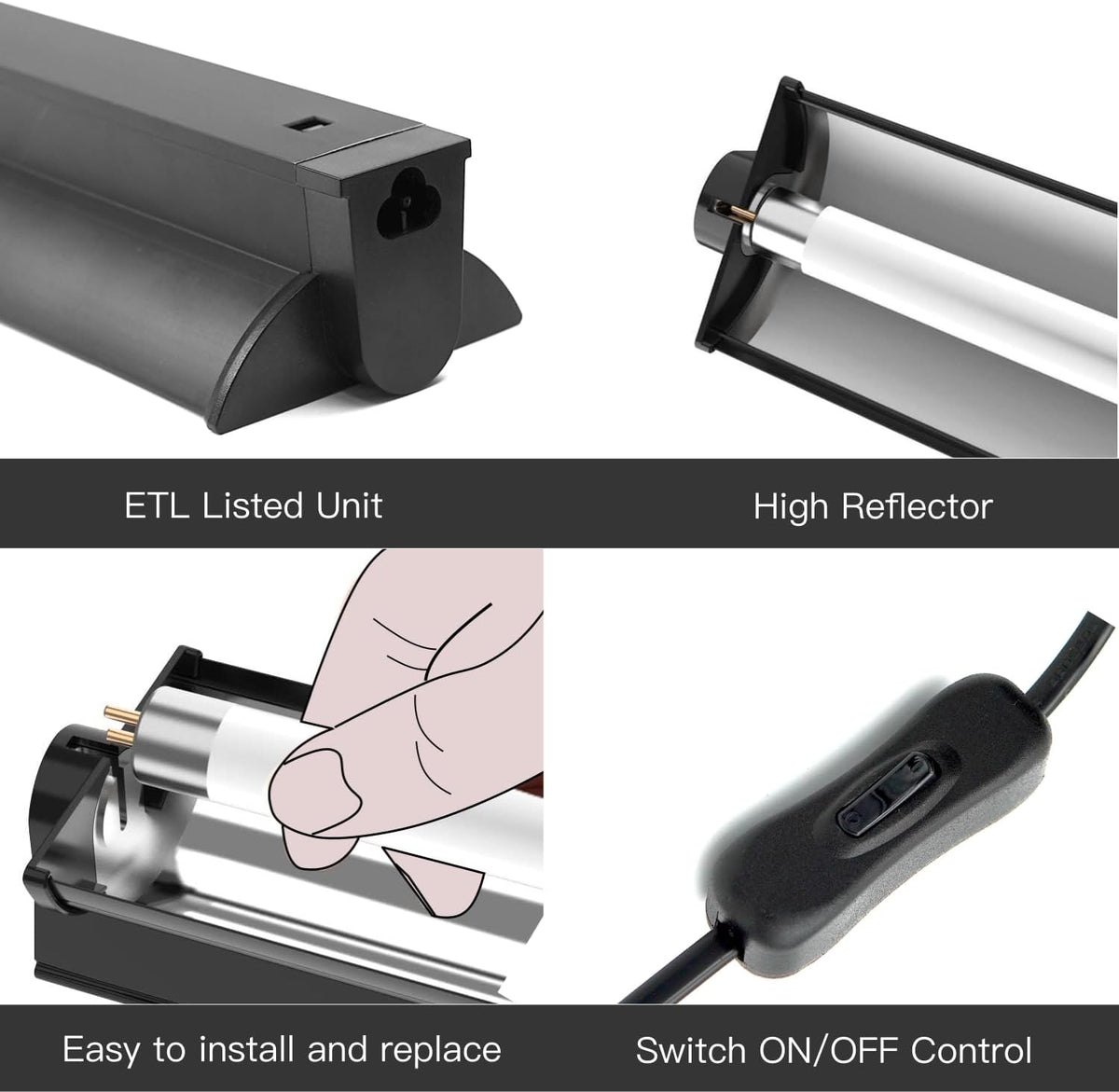 Upgraded linear fluorescent reptile lamp kit showing power cord and housing