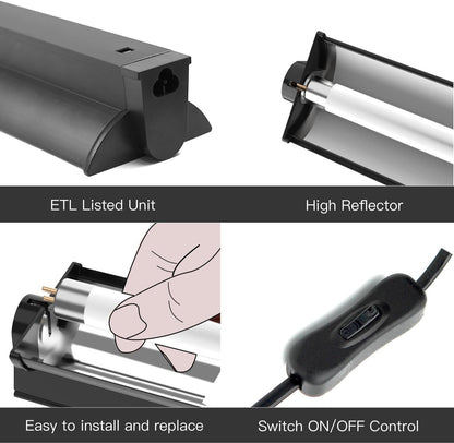 ReptiKing upgraded T5 fluorescent fixture with curved aluminum reflector details.