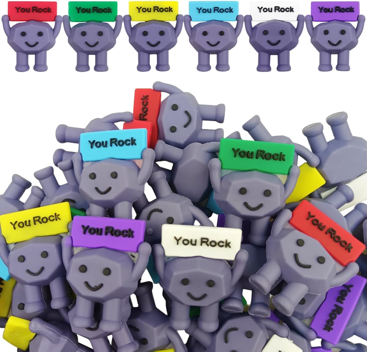 Fushenmu mini rubber you rock positive figures front view showing multiple grey pebble characters with colorful motivational signs.