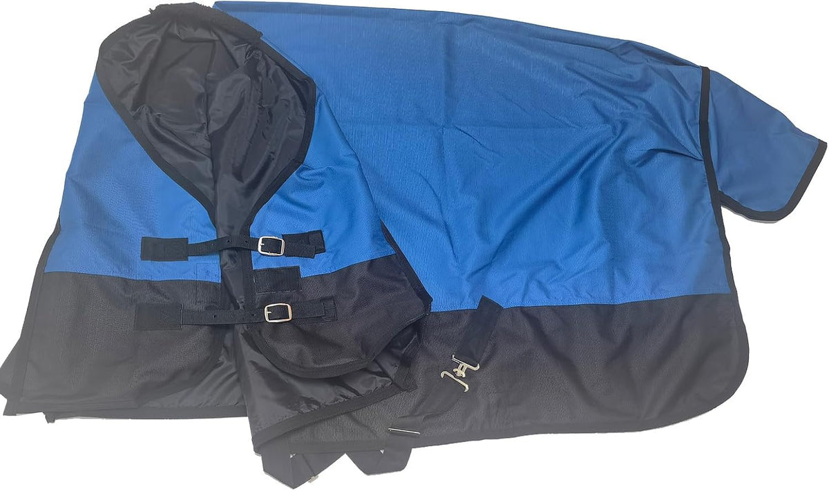 Adjustable double closure open front buckle hardware on royal blue horse sheet