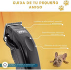 Complete breakdown of the 10 piece Wahl dog trimmer kit contents.