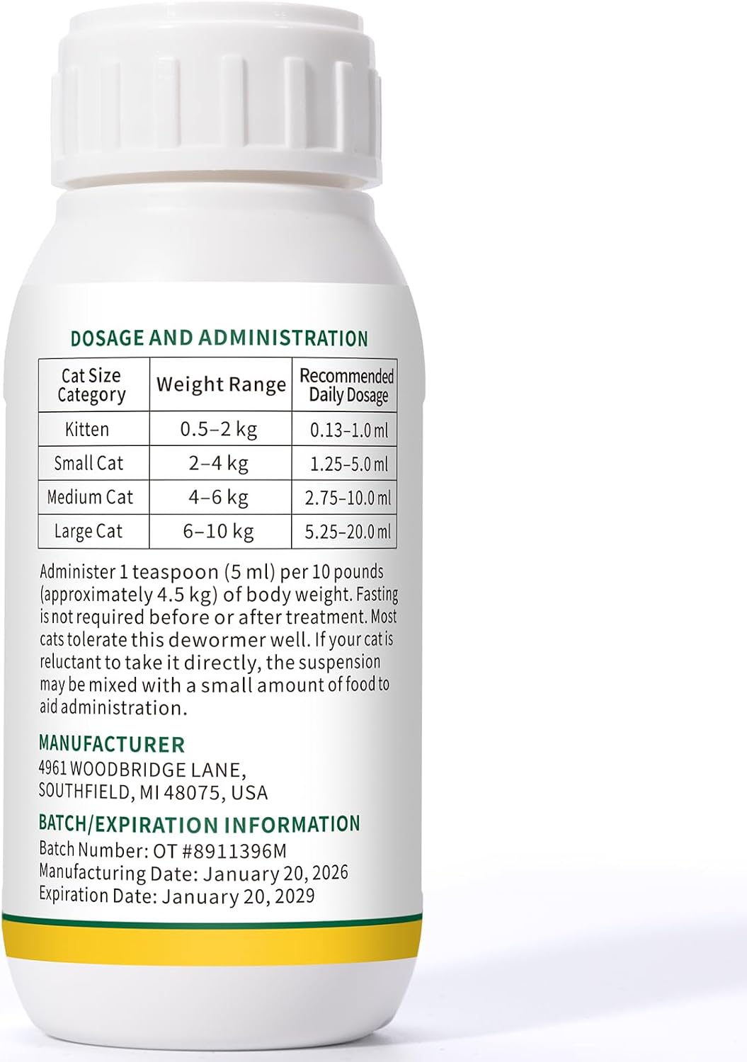 Bipinelyt liquid dewormer for cats and kittens side packaging showing ingredient information