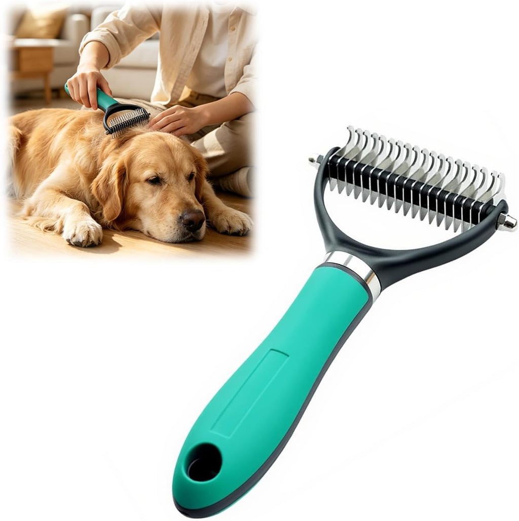 Jiexily deshedding dog brush front view showing dual sided stainless steel undercoat rake